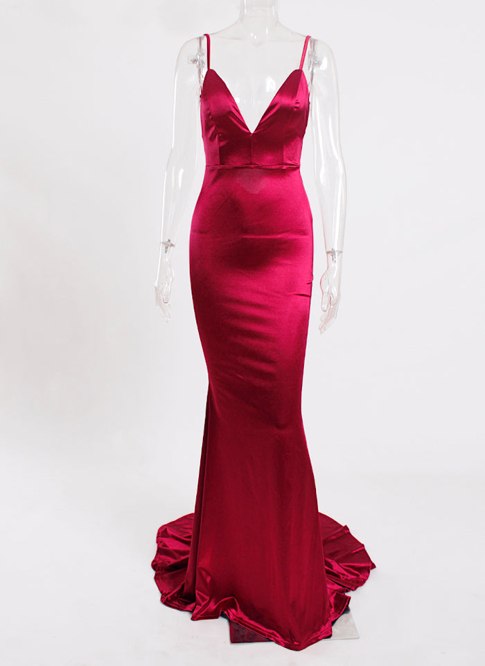 Robe de soirée rouge en satin pour femme
