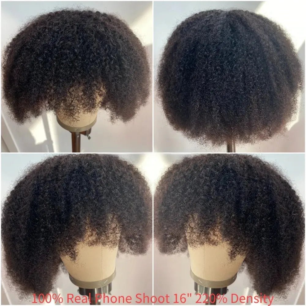 Perucas de cabelo humano encaracolado afro fofo 4B com franja