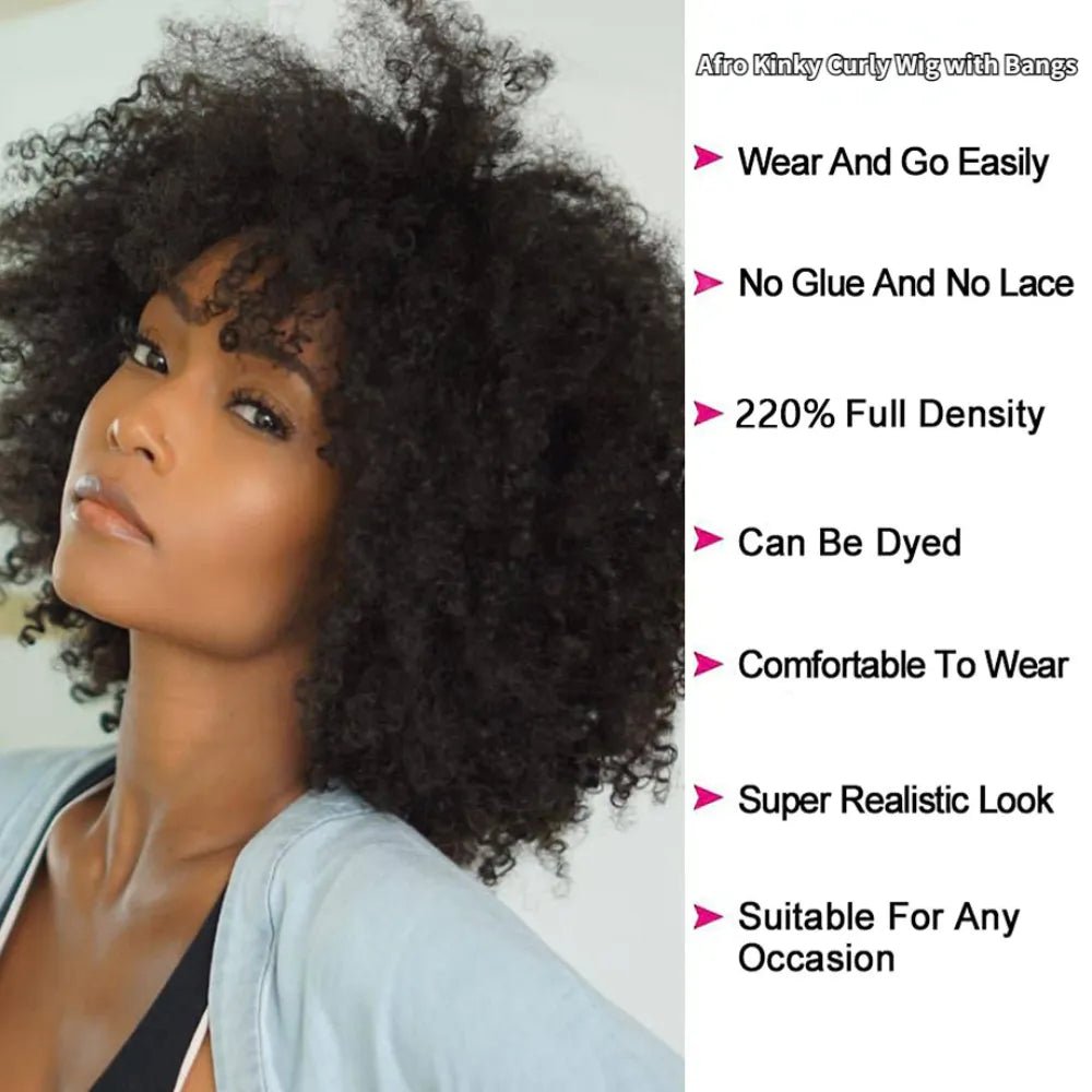 4B Fluffy Afro Kinky Curly Perruques de cheveux humains avec frange