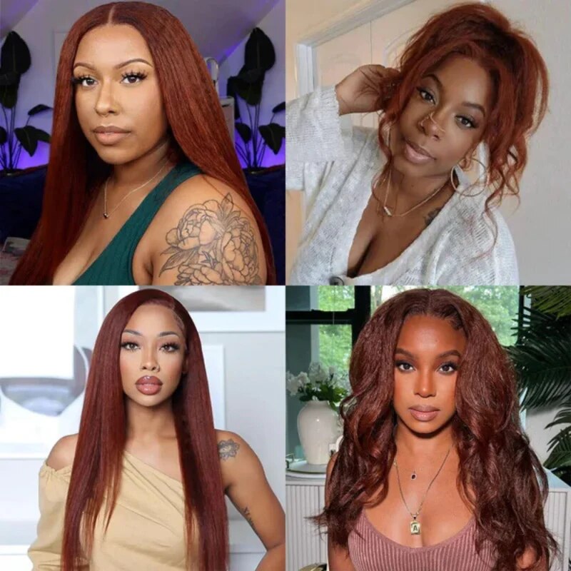 Kinky Straight Synthetic Wig 13X1 T Part Lace Wigs Reddish Brown Copper Red
