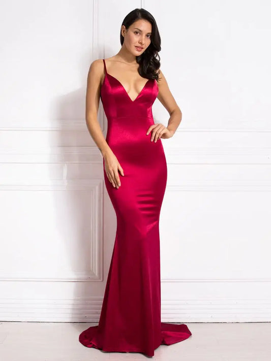 Robe de soirée rouge en satin pour femme