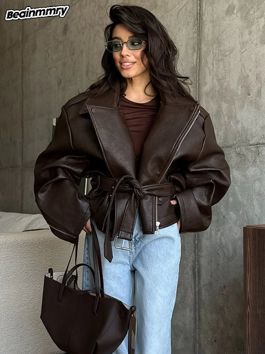 Femmes Chic avec une Veste en cuir marron avec ceinture Chic à manches longues