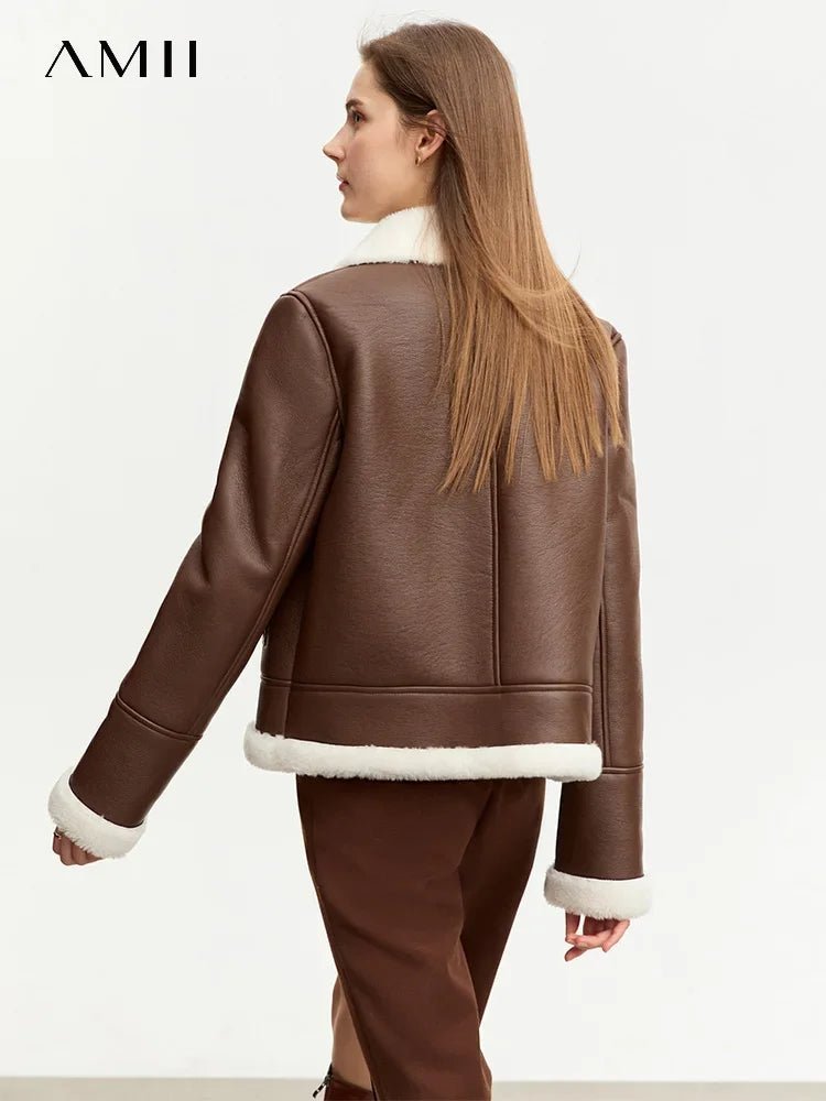 AMII minimaliste français Vintage cuir pour femmes, veste revers PU laine
