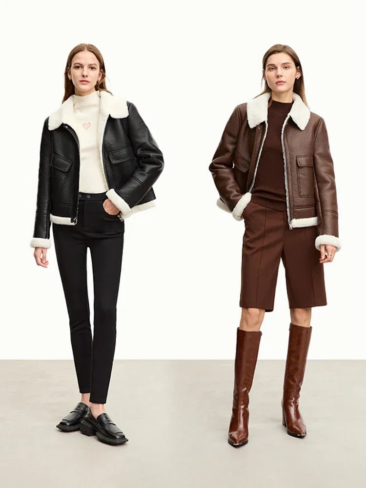 AMII minimaliste français Vintage cuir pour femmes, veste revers PU laine