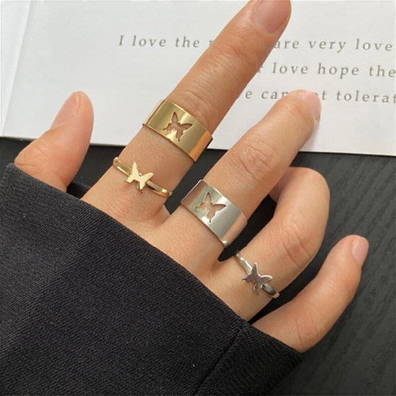 Silver Color Butterfly Rings for Women Men Couple Rings Set Friendship Engagement Wedding Open Ring