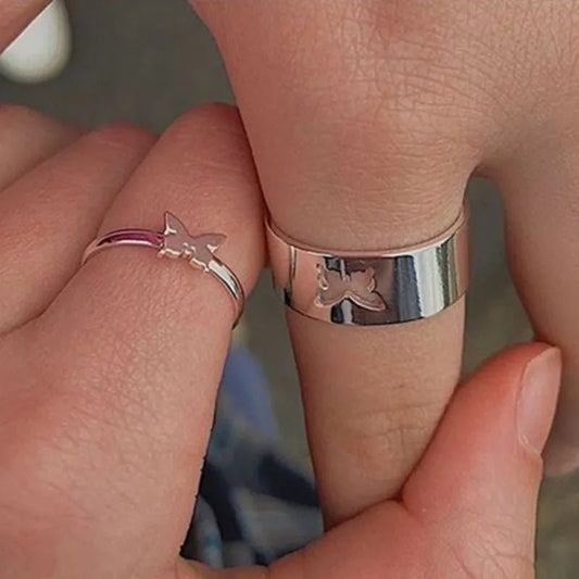 Anéis de borboleta cor prata para mulheres homens conjunto de anéis de casal amizade noivado casamento anel aberto