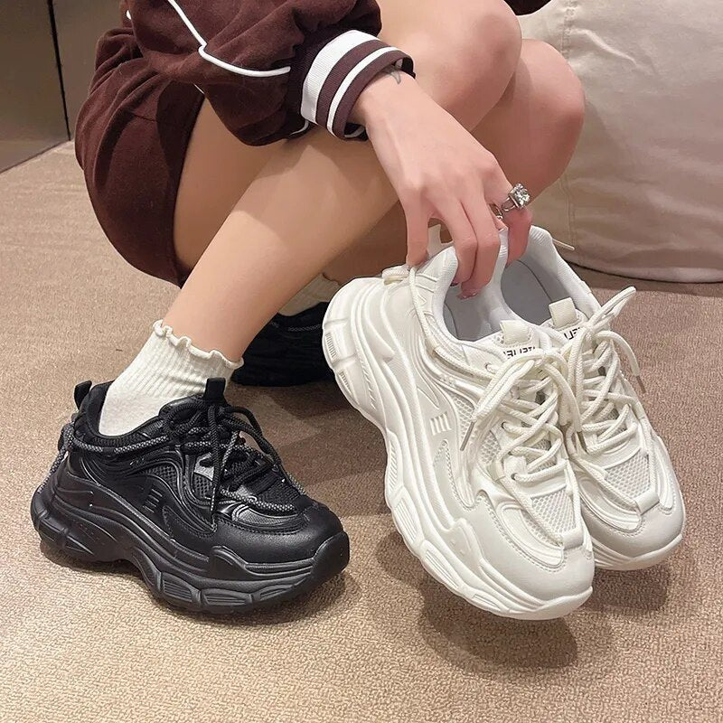 Women's Platform Sneakers Leather Casual Chunky Shoes