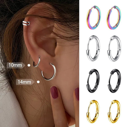 Boucles d'oreilles créoles unisexes, couleur argent, colorées, noir, Rose, or, rondes, en acier inoxydable