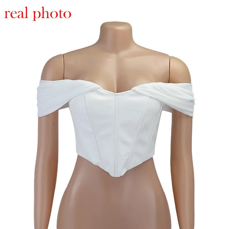 PU Leather Bustier Corset Sexy Off Shoulder Chiffon Strapless Corset