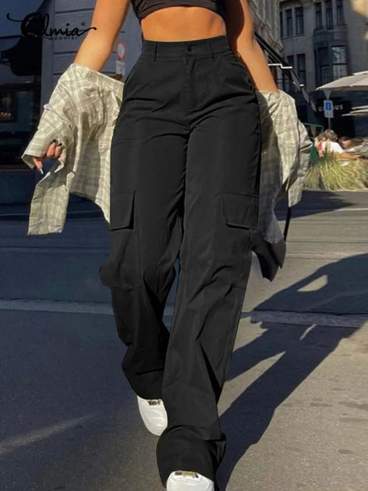 Celmia Calça cargo feminina elástica de cintura alta, bolsos largos e casuais, calça de rua