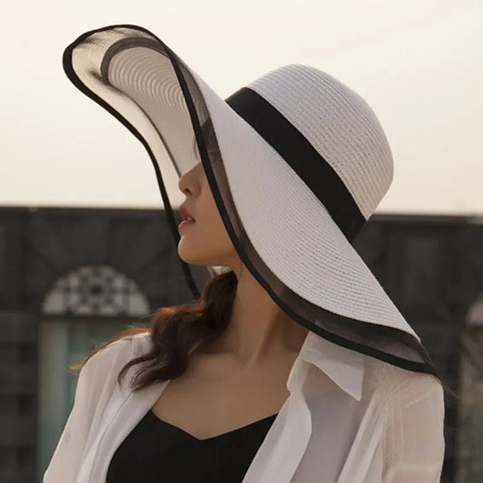 Chapéu de palha de verão anti-UV com aba larga para senhora