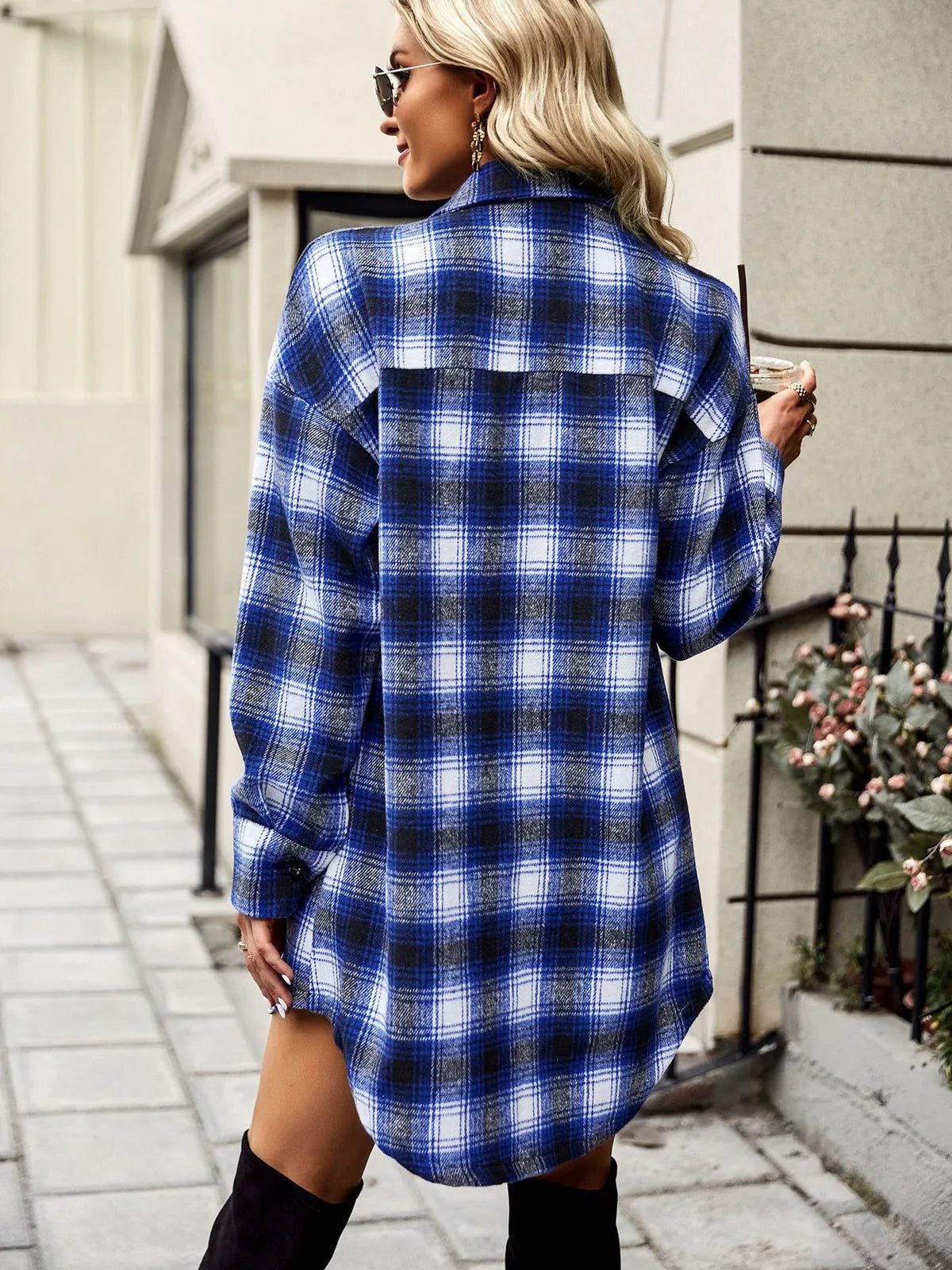 Checked shirt, long-sleeved blouses, lapel collar, single-breasted