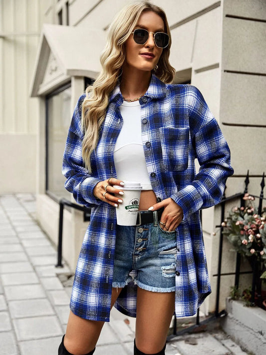 Checked shirt, long-sleeved blouses, lapel collar, single-breasted
