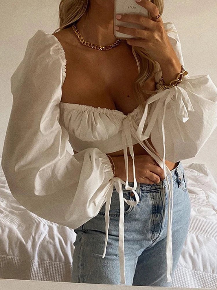 Blouses White Balloon Sleeves Elegant Backless Crop Tops Solid Fashion Blusas