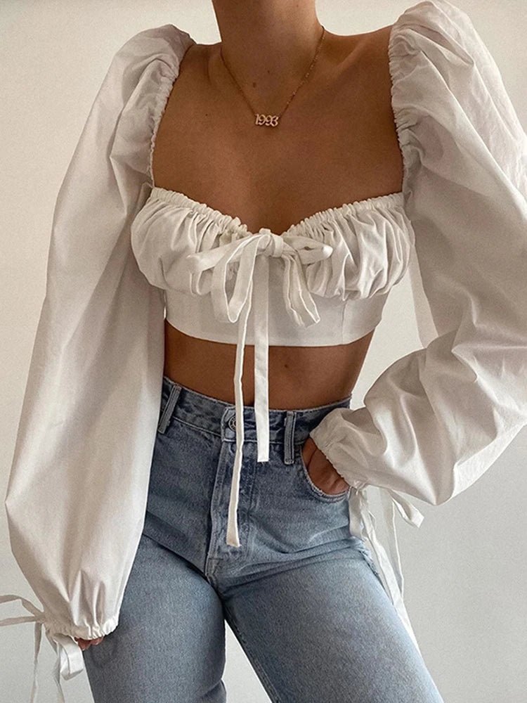 Blouses White Balloon Sleeves Elegant Backless Crop Tops Solid Fashion Blusas