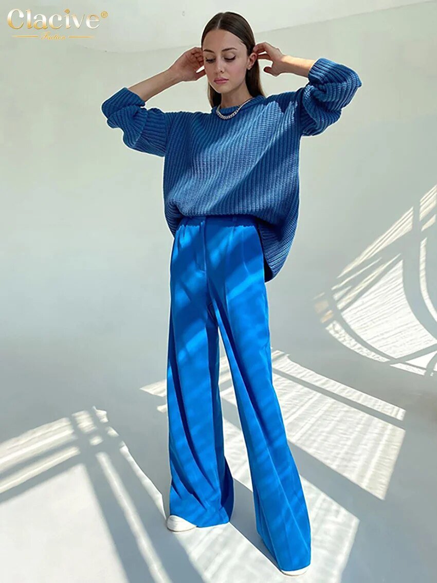 Clacive bleu bureau  pantalons  décontracté taille haute large  2021 mode ample pleine longueur