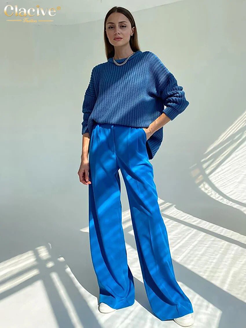 Clacive bleu bureau  pantalons  décontracté taille haute large  2021 mode ample pleine longueur