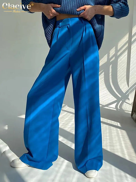 Clacive azul escritório calças casuais cintura alta perna larga 2021 moda solta comprimento total