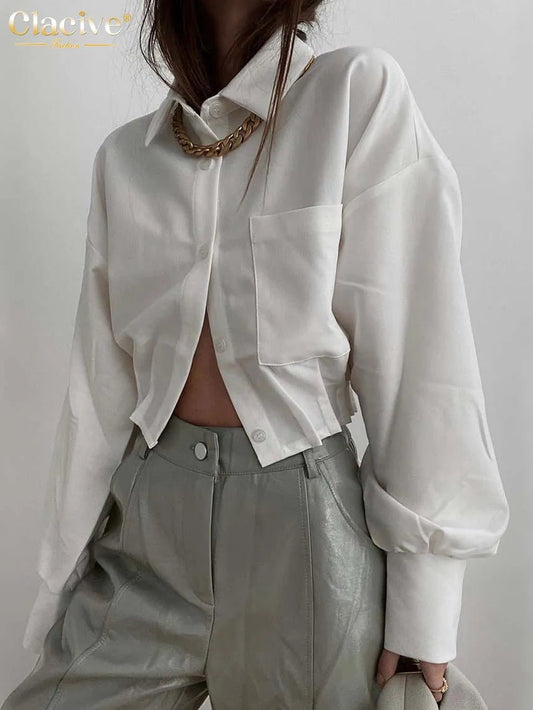 Clacive Blusas brancas casuais lapela manga comprida tops streetwear