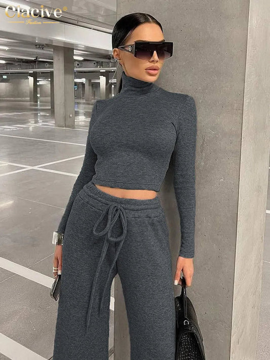 Clacive Winter Thin Gray 2 Piece Sets Woman Streetwear