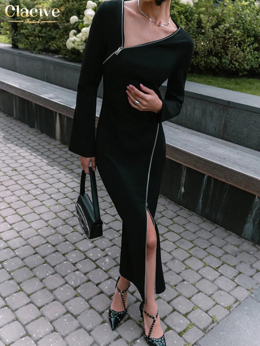 Clacive mode mince noir  robe Sexy irrégulière à manches longues cheville longueur r