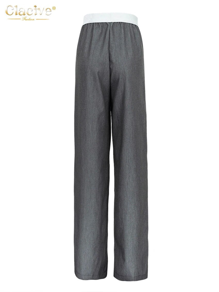 Clacive – pantalon gris ample décontracté, taille élastique, jambes larges, élégant.