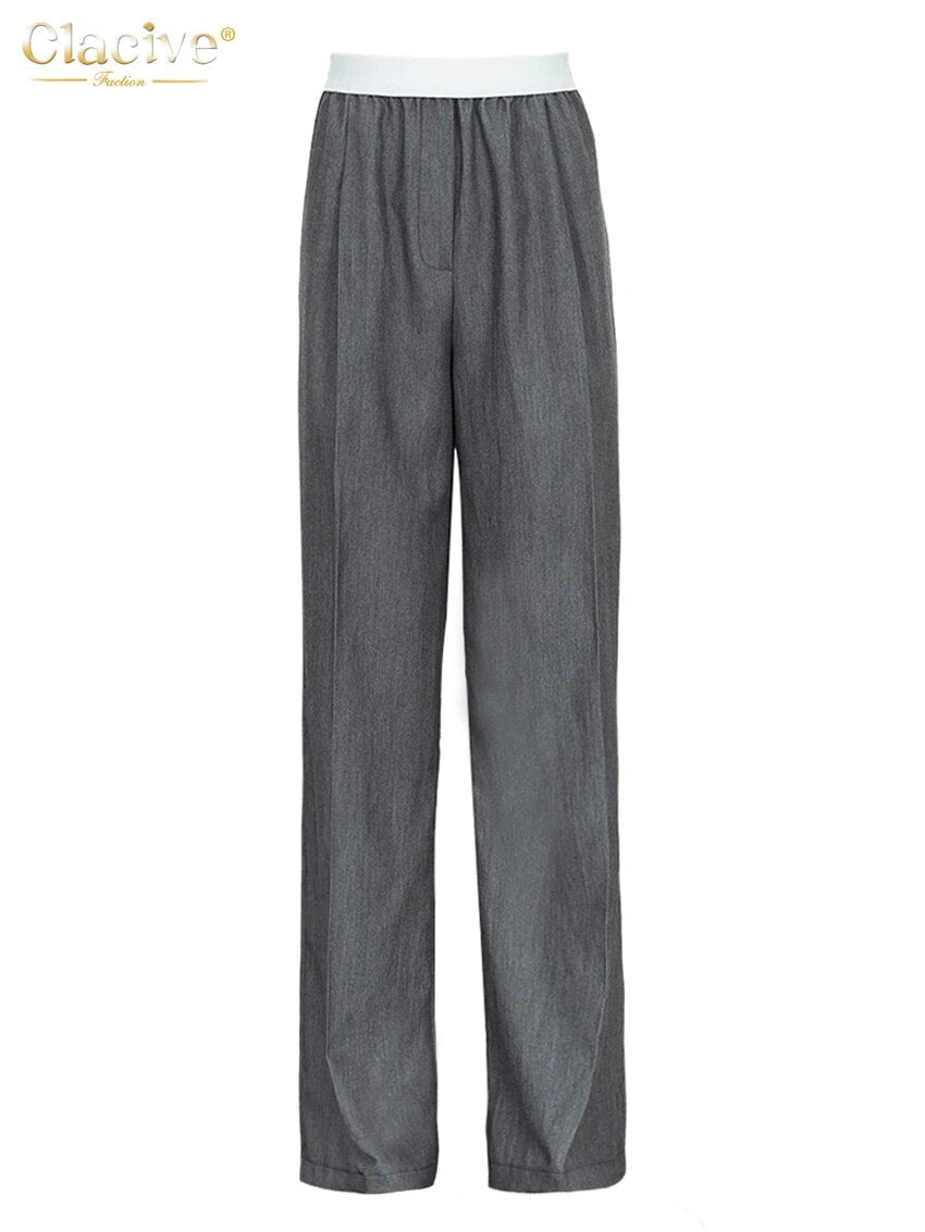 Clacive – pantalon gris ample décontracté, taille élastique, jambes larges, élégant.