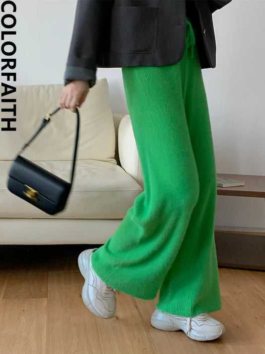 Calças capris de perna larga de malha Colorfaith cintura alta falso vison cashmere calças na altura do tornozelo