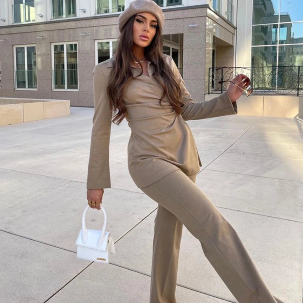 Suit and Pleated Pants Long Sleeve Toppies Sweater Women Flare High Waist Trousers