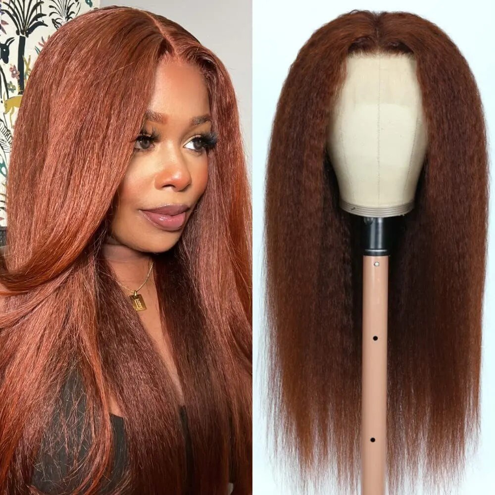 Kinky Straight Synthetic Wig 13X1 T Part Lace Wigs Reddish Brown Copper Red