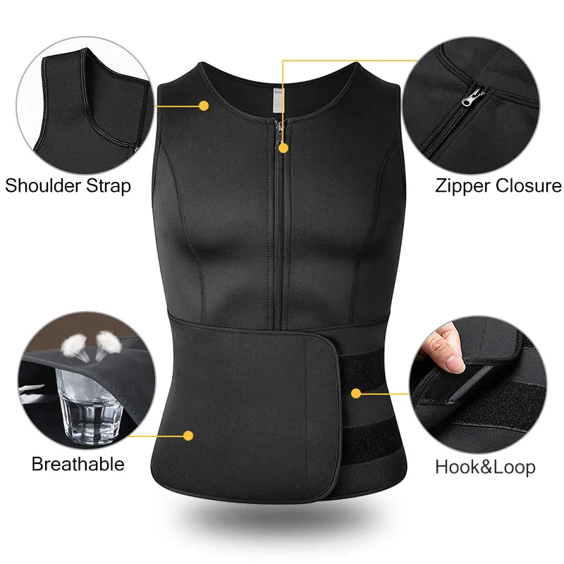 Men Neoprene Sweat Vest Adjustable Waist Trainer Vest Body Shaper with Double Zipper for Sauna Suit