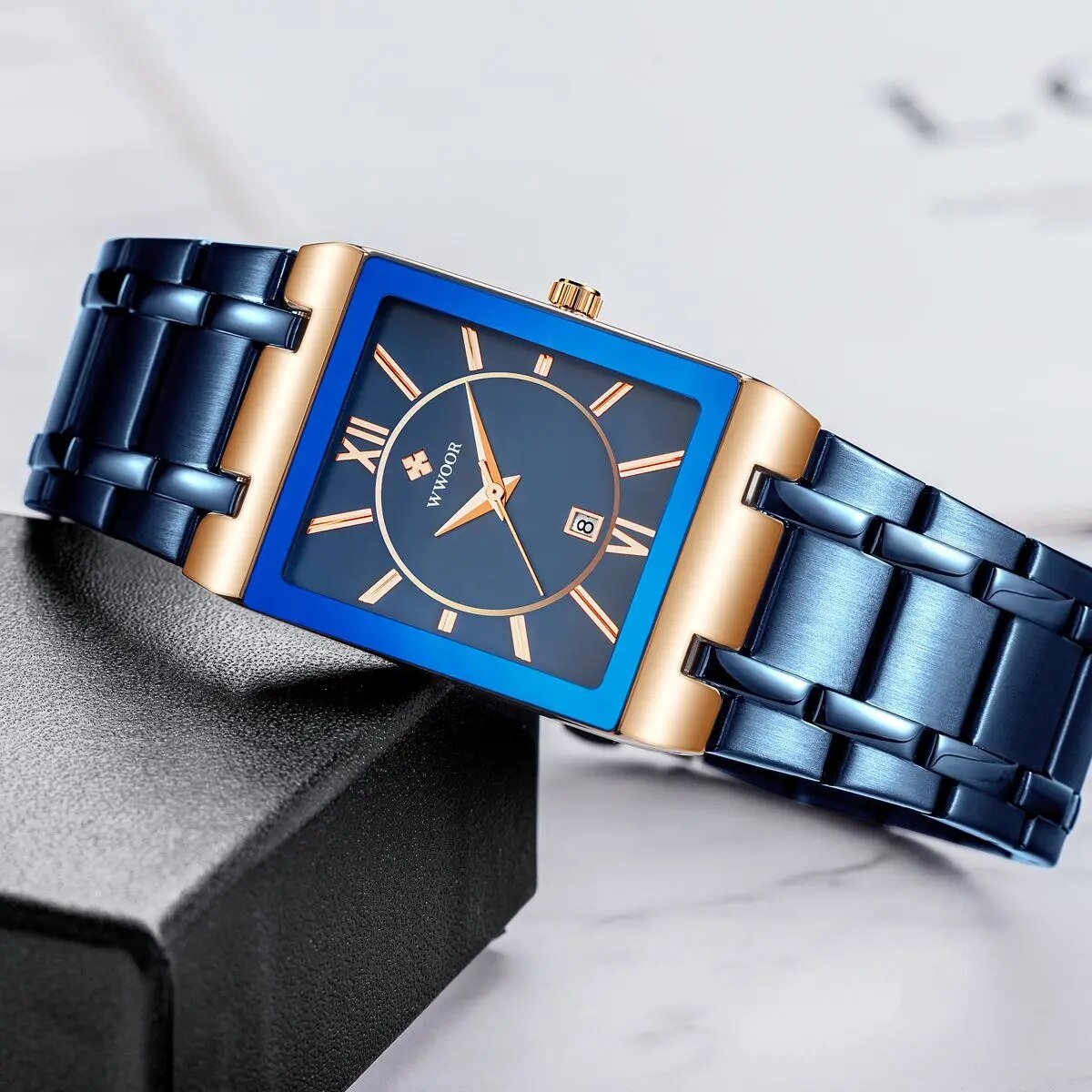 High End WWOOR Luxury Blue Square Stainless Steel Quartz Watch