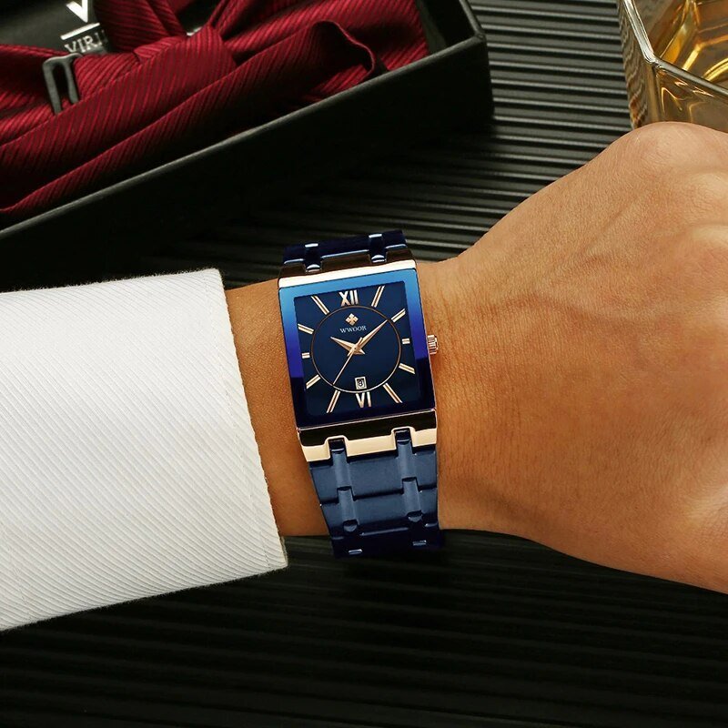 Relógio de quartzo de aço inoxidável quadrado azul luxuoso de alta qualidade WWOOR