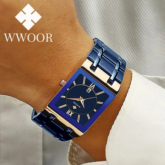 Relógio de quartzo de aço inoxidável quadrado azul luxuoso de alta qualidade WWOOR