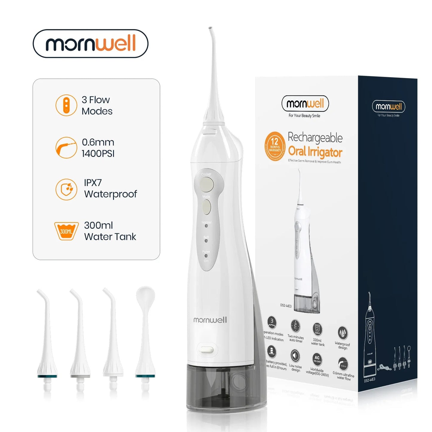 Oral Irrigator, Portable Dental Water Jet, USB Rechargeable, 300ML Water Tank