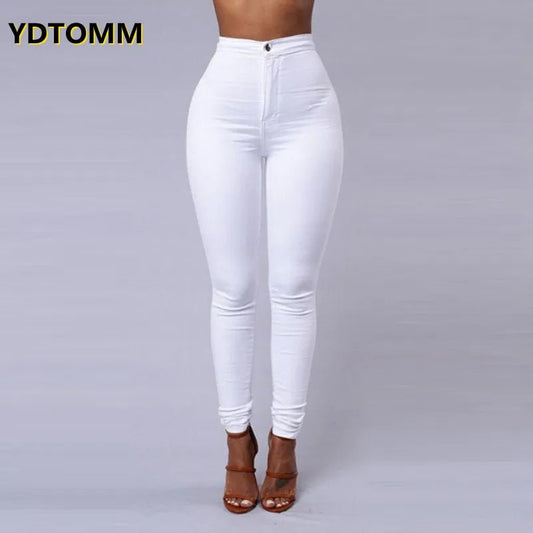 Women's Solid Color Skinny Jeans White Black High Waist Long Trousers Casual Pencil Denim Pants Femme