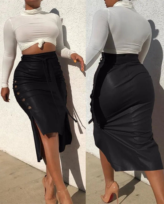 Women PU Leather Midi Skirt Solid Color High Waist Lace Up Side Buttons Slim Pencil Skirts Streetwear Hot