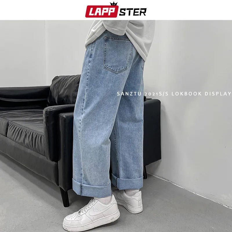 LAPPSTER Streetwear Wide Leg Baggy Jeans Harajuku Vintage Blue Denim Casual Cargo Pants