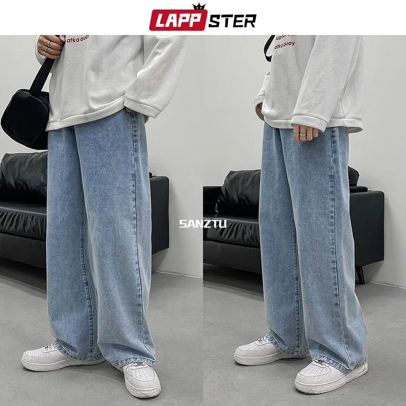 LAPPSTER Streetwear Wide Leg Baggy Jeans Harajuku Vintage Blue Denim Casual Cargo Pants