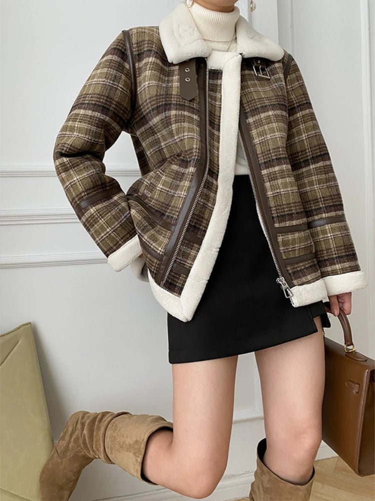 French Wool Coat Plaid Jacket, Patchwork, Long Sleeve, Zipper