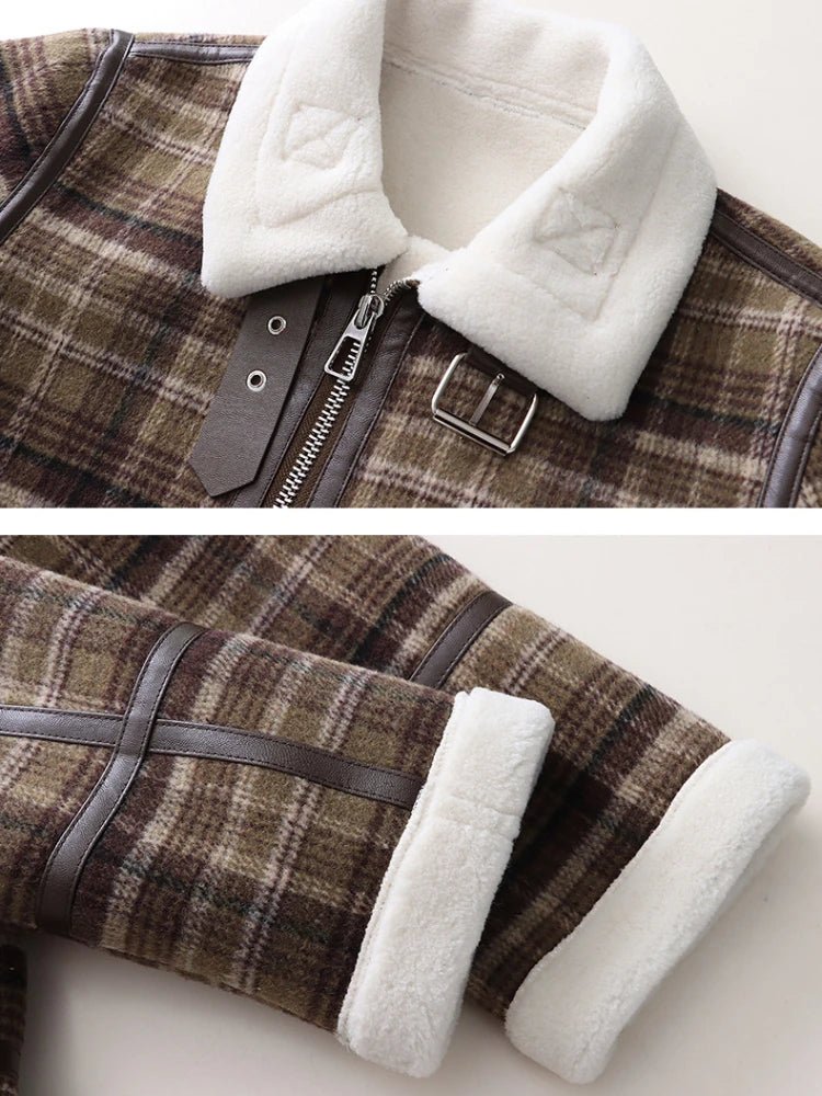 French Wool Coat Plaid Jacket, Patchwork, Long Sleeve, Zipper