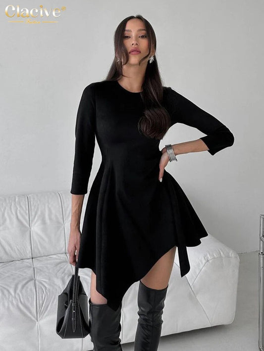 Elegante preto mini vestido magro bodycon o-pescoço manga longa moda cintura alta irregular mini vestido 2023
