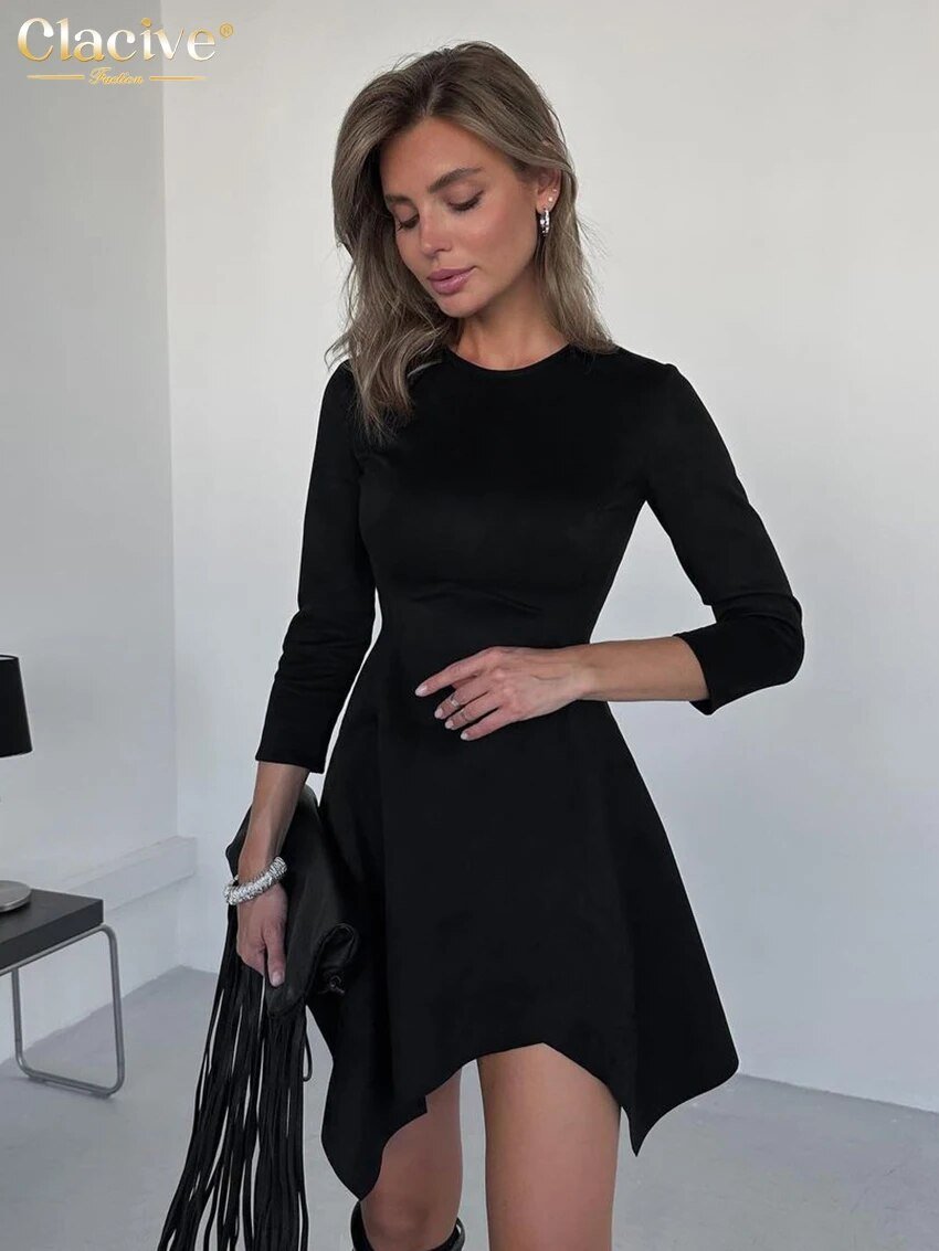 Mini robe noire élégante, Slim, moulante, col rond, manches longues, mode, taille haute, irrégulière, 2023