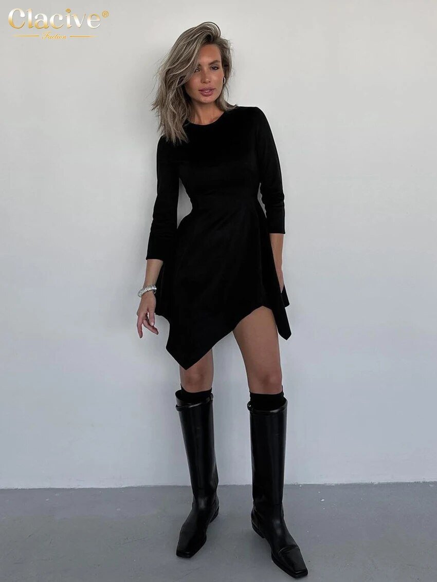 Mini robe noire élégante, Slim, moulante, col rond, manches longues, mode, taille haute, irrégulière, 2023