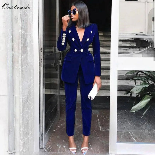 Ocstrade Summer Sets, Navy Blue V Neck Long Sleeve Sexy 2 Piece Set Outfits High Quality Two Piece Set Suit