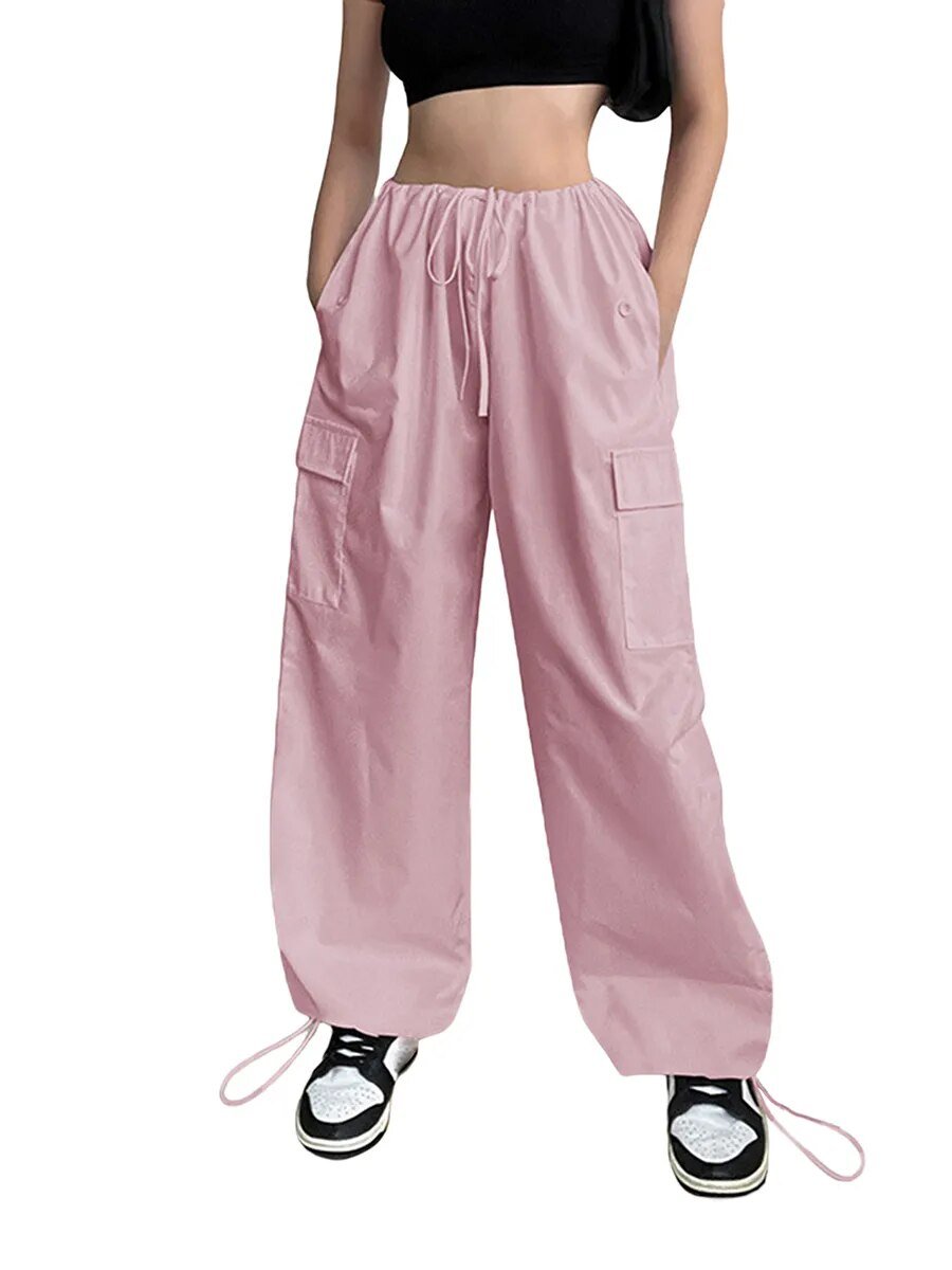 Pantalon cargo ample pour femme - Taille basse - Cordon de serrage