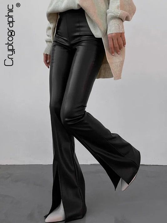 Pantalon cryptographique Chic en cuir PU, taille haute, évasé, décontracté