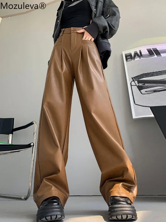 Stylish PU Synthetic Leather Pants Loose Pockets Wide Leg