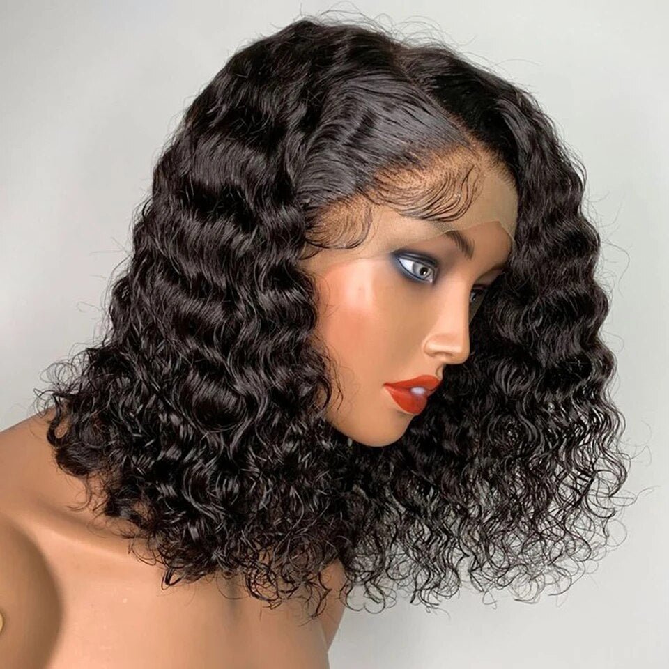 Side Part Water Wave Wigs 13x1 Short Curly Human Hair Brazilian Afro Deep Wave