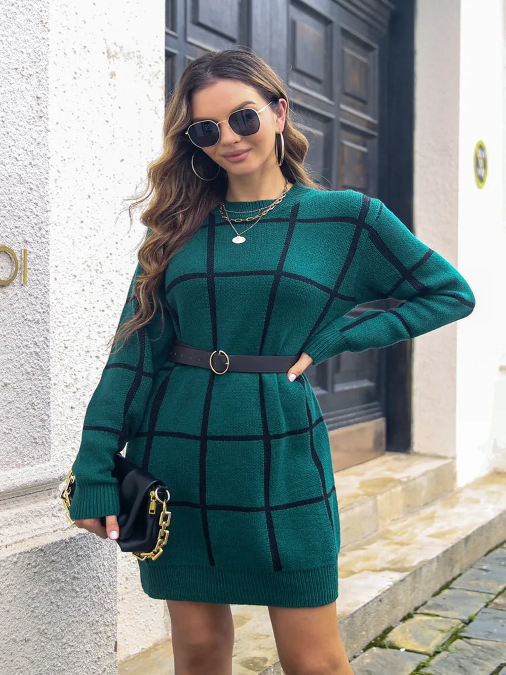 Plaid Long Sleeve Sweater Dress Casual Loose Knitted Dress
